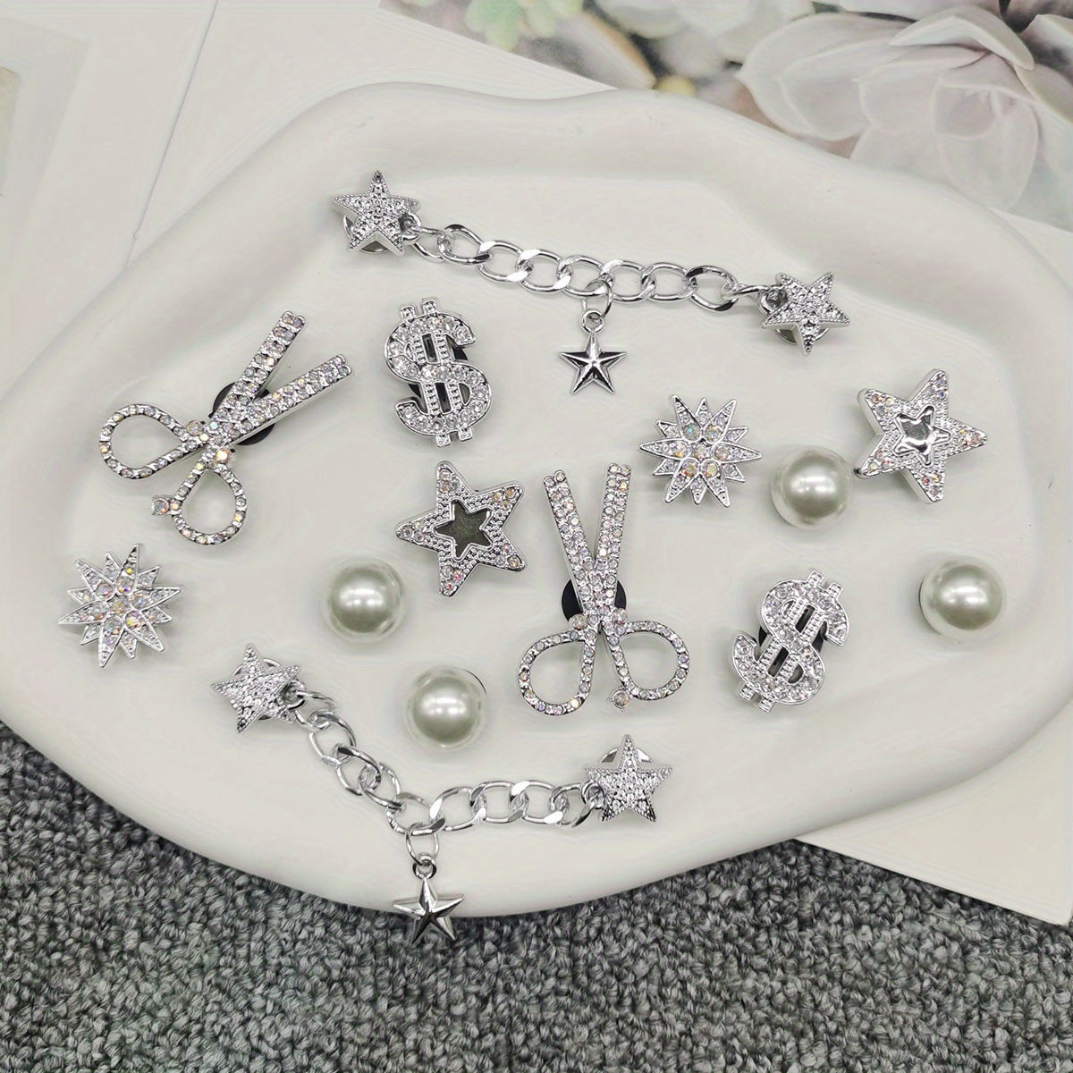 TEMU 14pcs Abs Resin Silvery Luxury Dollar Shoe Charms Bling Scissors Starburst Shoes Decorations Removable Artificial Bead Shoe Accessories Diy