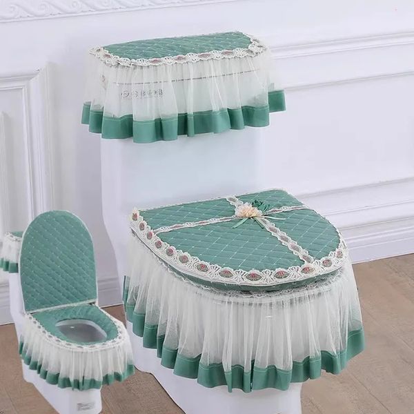 Universal toilet seat cushion 3-piece set zipper toilet seat cover European lace dustproof household toilet seat 241210
