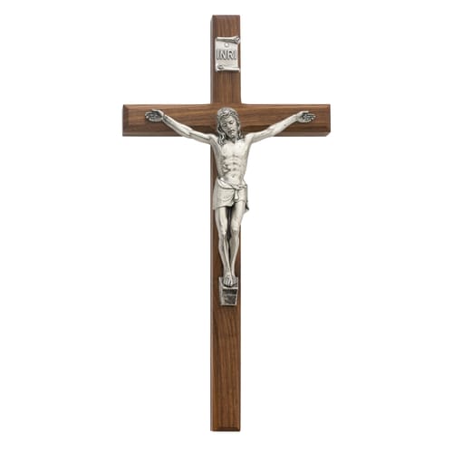 Beveled Walnut Crucifix w- Silver Corpus 12 inch