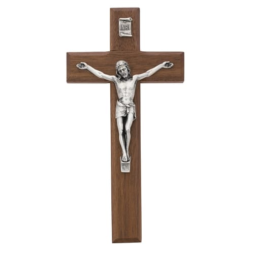 Beveled Walnut-Silver Crucifix 8 inch