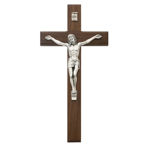 Beveled Walnut-Silver Crucifix - 10 inch