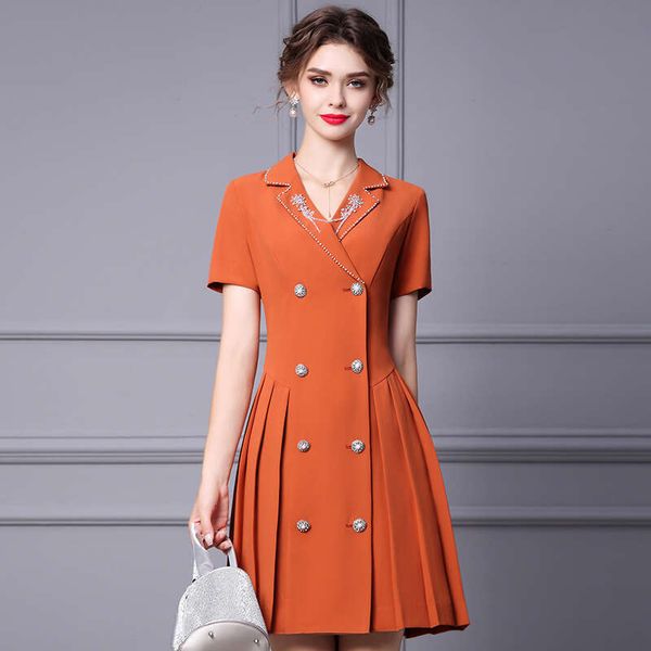 Solid Color Dress Pear Shaped Figure Covers the Belly and Looks Slim Suit Collar Pleated A-line Skirt 2024 New Summer Oversize Dress