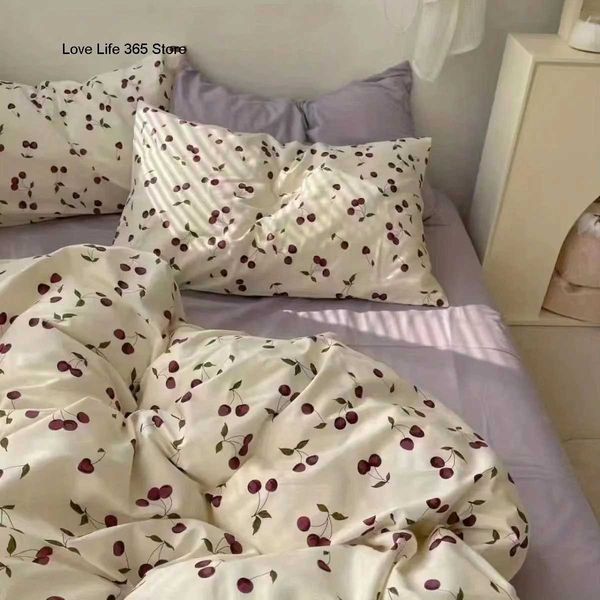 Ins Cherry Bedding Set Twin Full Queen King Size Purple Bed Linen Girls Adults Bed Flat Sheet Pillowcase Comforter Duvet CoverC241218