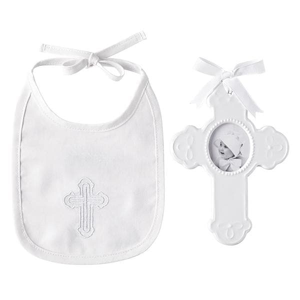 Christening Keepsake Cross Bib and Photo Frame Gift Set
