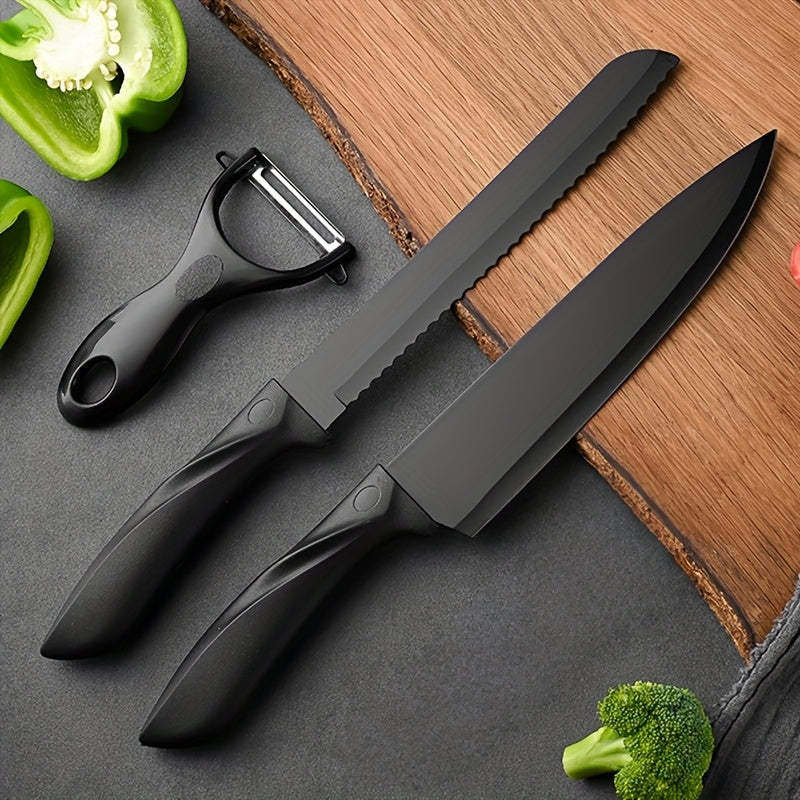 TEMU 3pcs-20 - Pieces Kitchen Knife Set With Block, Dishwasher-safe, Featuring Built-in Sharpener, German Stainless Steel Black Knife Set - A Gadget