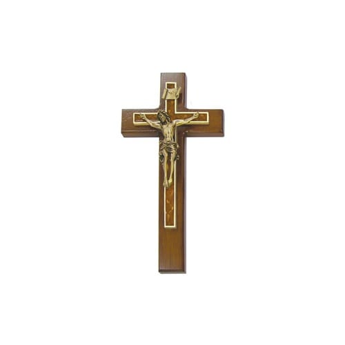 Walnut Crucifix, Overlay Cross With Golden Brown Floral Epoxy 10''