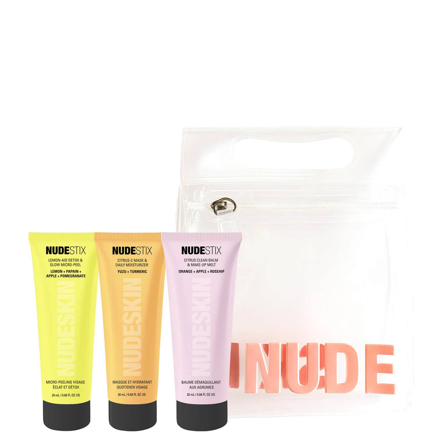 3-trins citrus Renew Sæt NudestixLemon-Aid Detox & Glow Parabenfri Anti-Dullness Exfoliating Lotion 20ml + Nudeskin Citrus-C Hydrating Facial Mask 20m