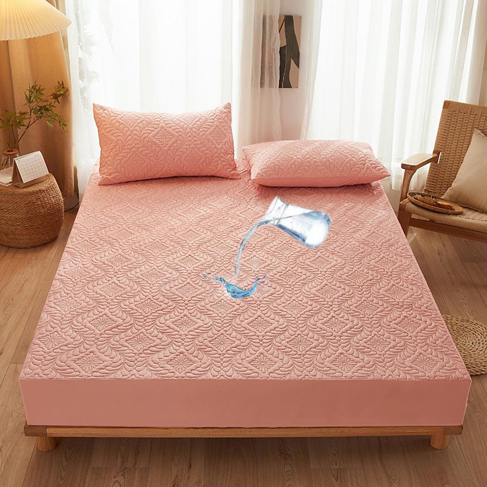 Waterproof Anti-Stain Soft Quilted Fitted Sheet Mattress Cover, Pink - Pillowcase(2pcs)