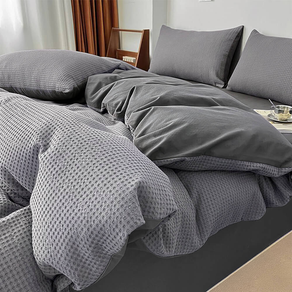 Premium Waffle Weave Breathable Cotton Bed Sheet Set, Gray - Pillowcase(2pcs)