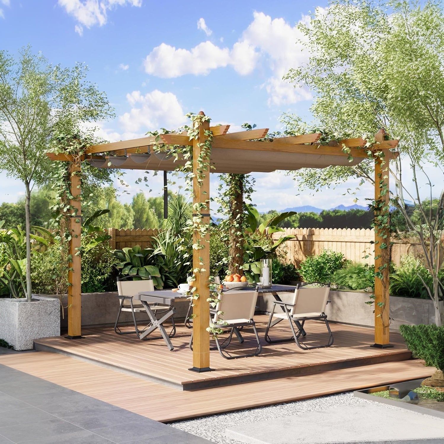 Garvee 10x13 Ft Patio Shade Canopy – Outdoor Pergola with Retractable Weather-Resistant Aluminum Faux Wood Grain Canopy for Backyard, Deck, Porch