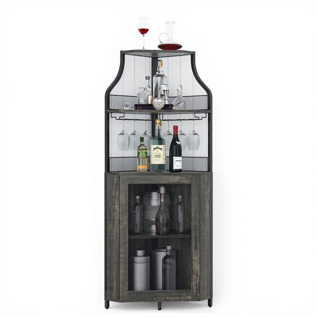 Garvee Corner Wine Bar Rack Cabinet with Detachable Wine Rack, Bar Cabinet with Glass Holder and Mesh Door, Liquor Coffe Bar Cabinet with Adjustable S