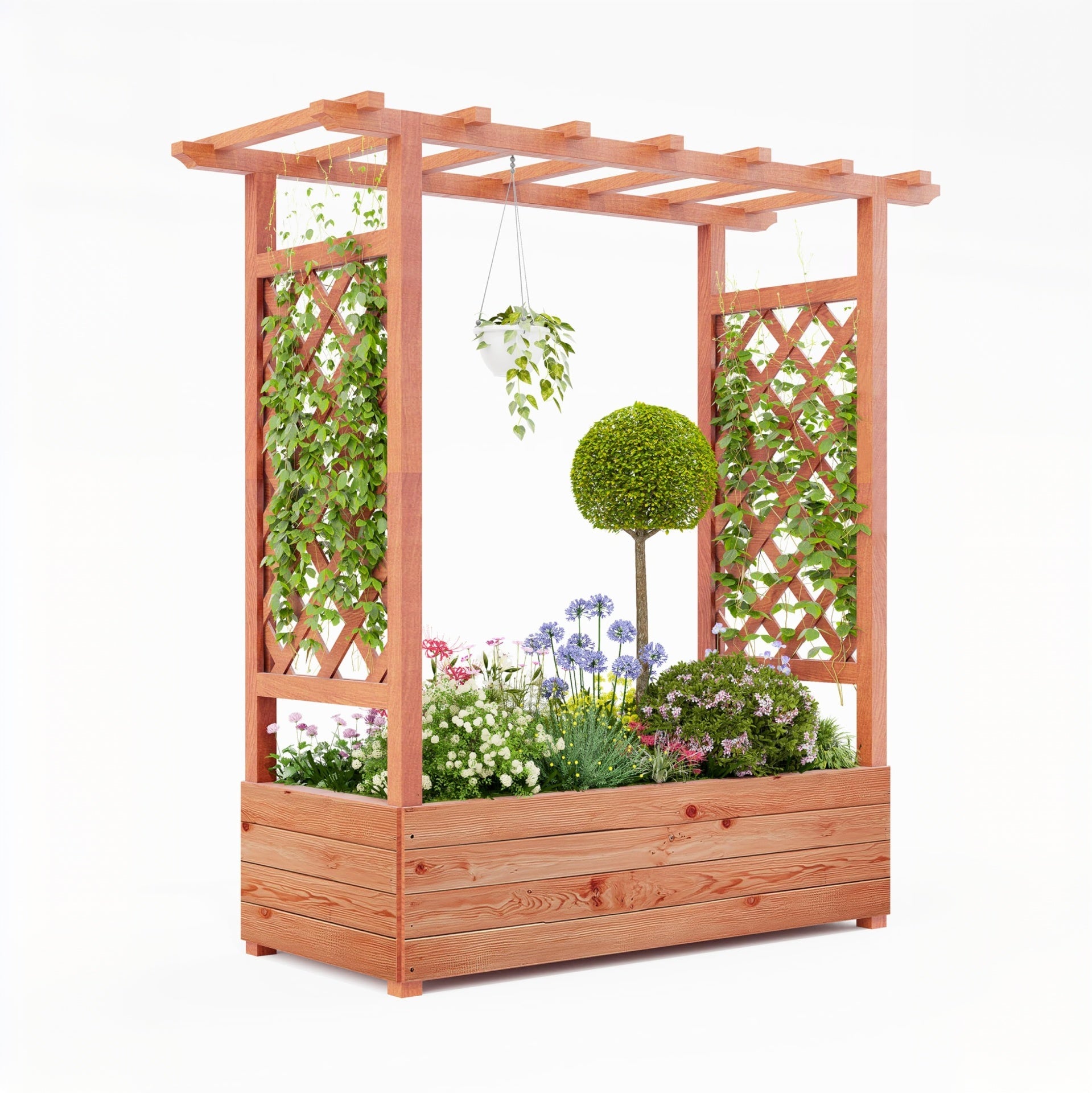 Garvee Raised Garden Bed with Trellis Wood Planter Box, Hanging Roof, 4 Drainage Holes, Waterproof, Freestanding, Indoor-Outdoor Garden