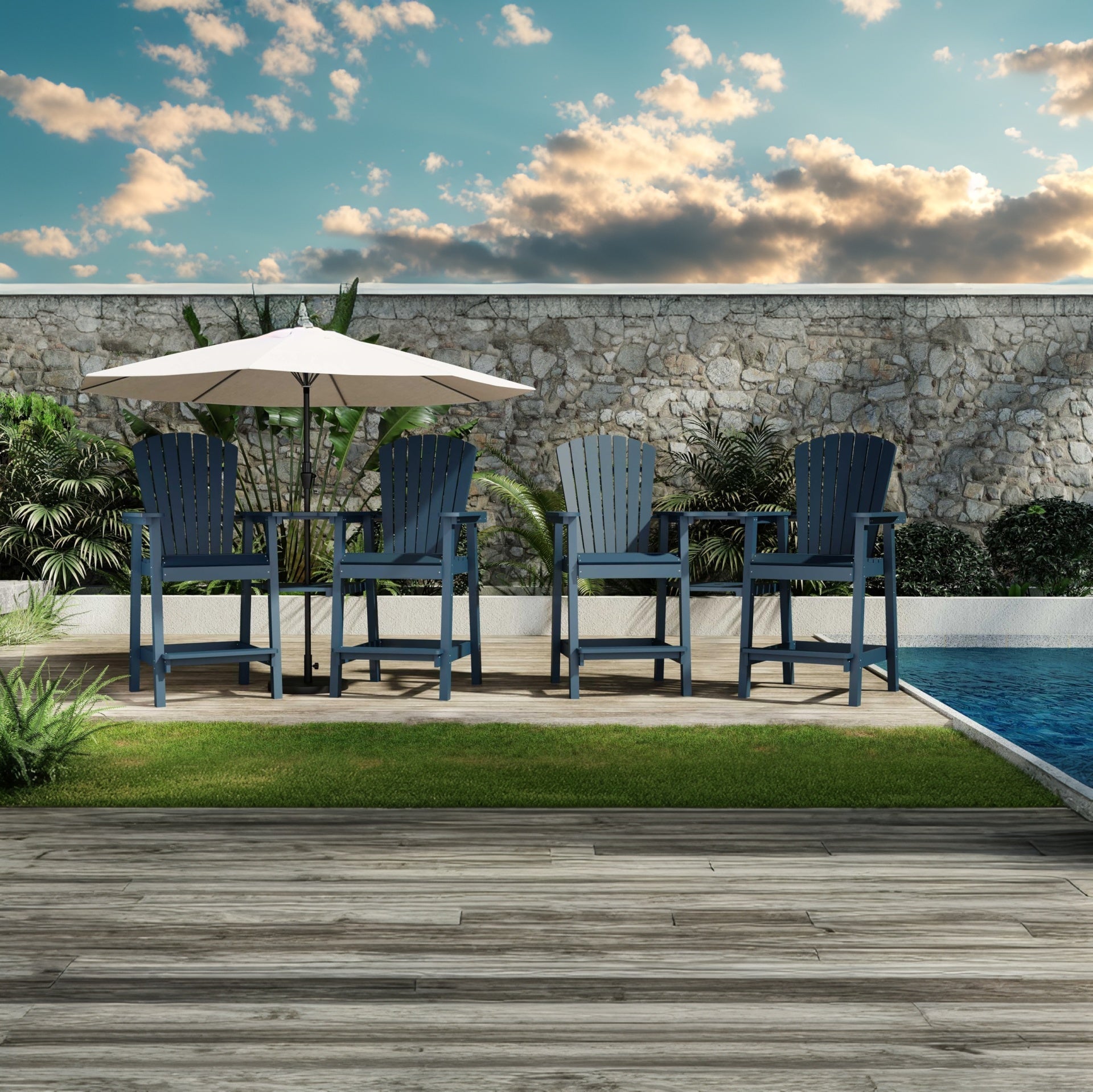 Garvee Outdoor Bar Height Adirondack Chairs with Connecting Tray, Ergonomic Comfort, Weather Resistant, Solid Wood, Built-in Footrest, Set of 4, Deck 