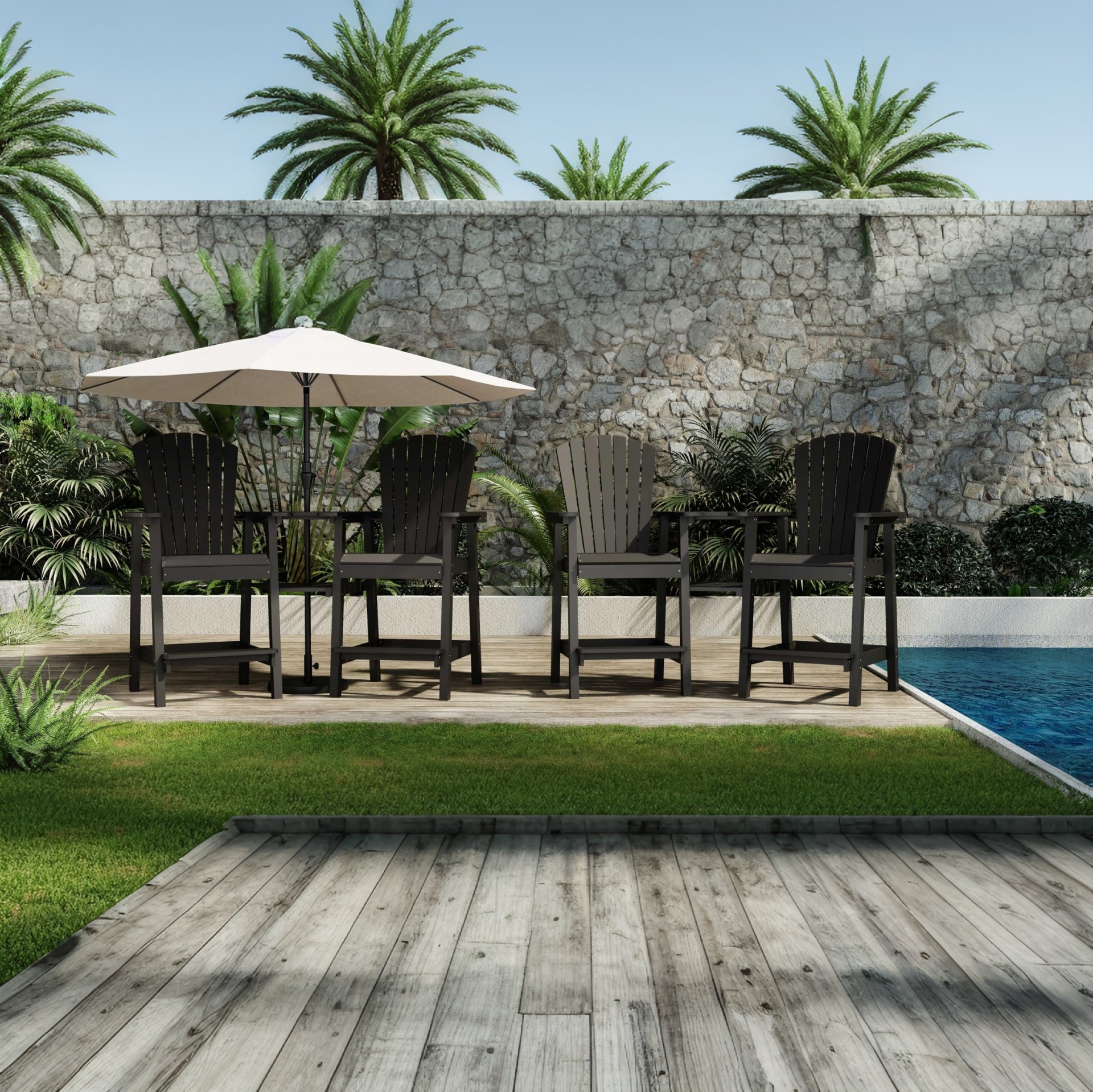 Garvee Outdoor Bar Height Adirondack Chairs with Connecting Tray, Weather Resistant Solid Wood, Ergonomic Comfort, Footrest, Set of 4 for Decks & Pati