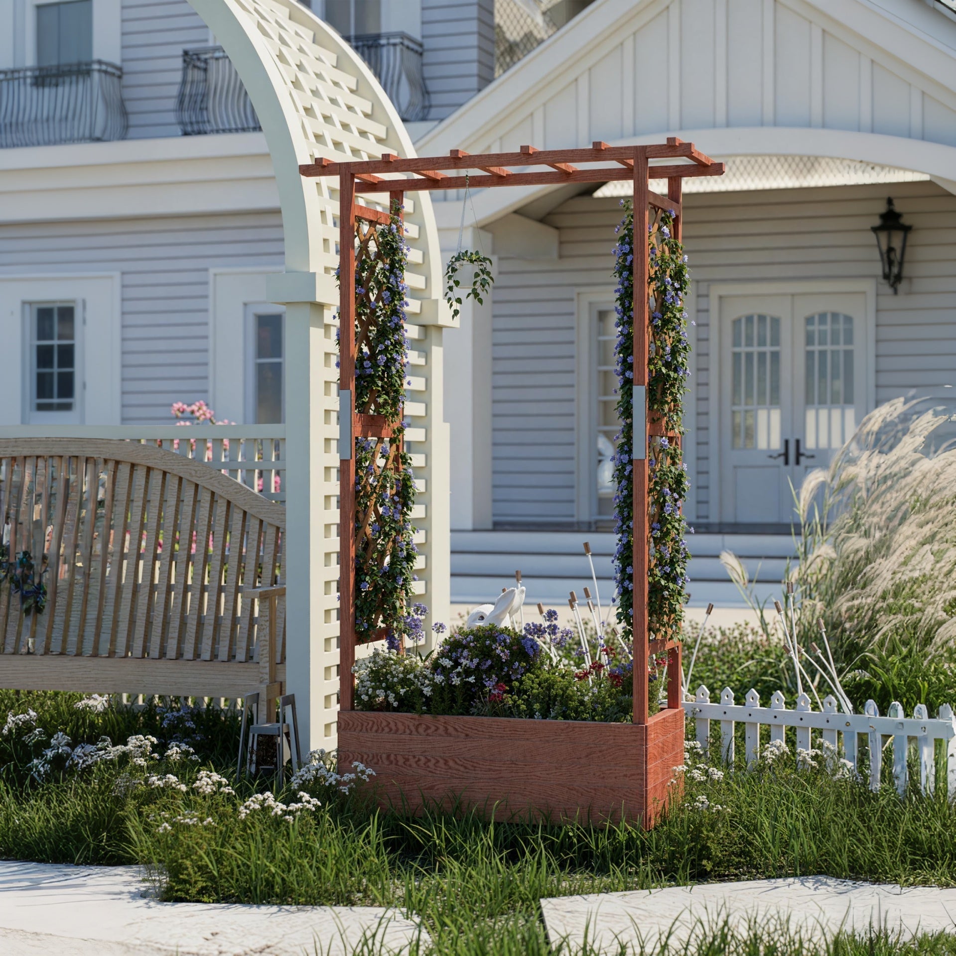 Garvee Elevated Garden Bed with Trellis - Wooden Planter Box, Side Supports, Canopy, 4 Drainage Holes, Natural Fir Wood, Indoor-Outdoor Use, 43"x17"x7