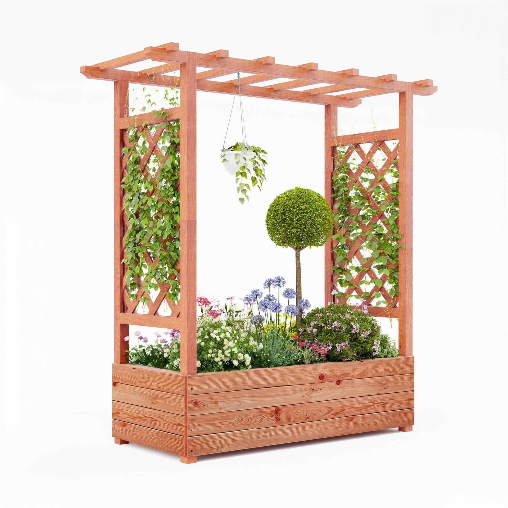 Garvee Elevated Garden Bed with Arch Trellis & Hanging Roof – Wood Planter Box, Side Trellis, 4 Drainage Holes, 79"x17"x72"