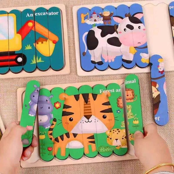 Animal Wooden Puzzle 3D Double-sided Puzzles For Kids Story Jigsaw Puzzle Montessori Educational Toys For Children 2 3 4 5 Years LX241024