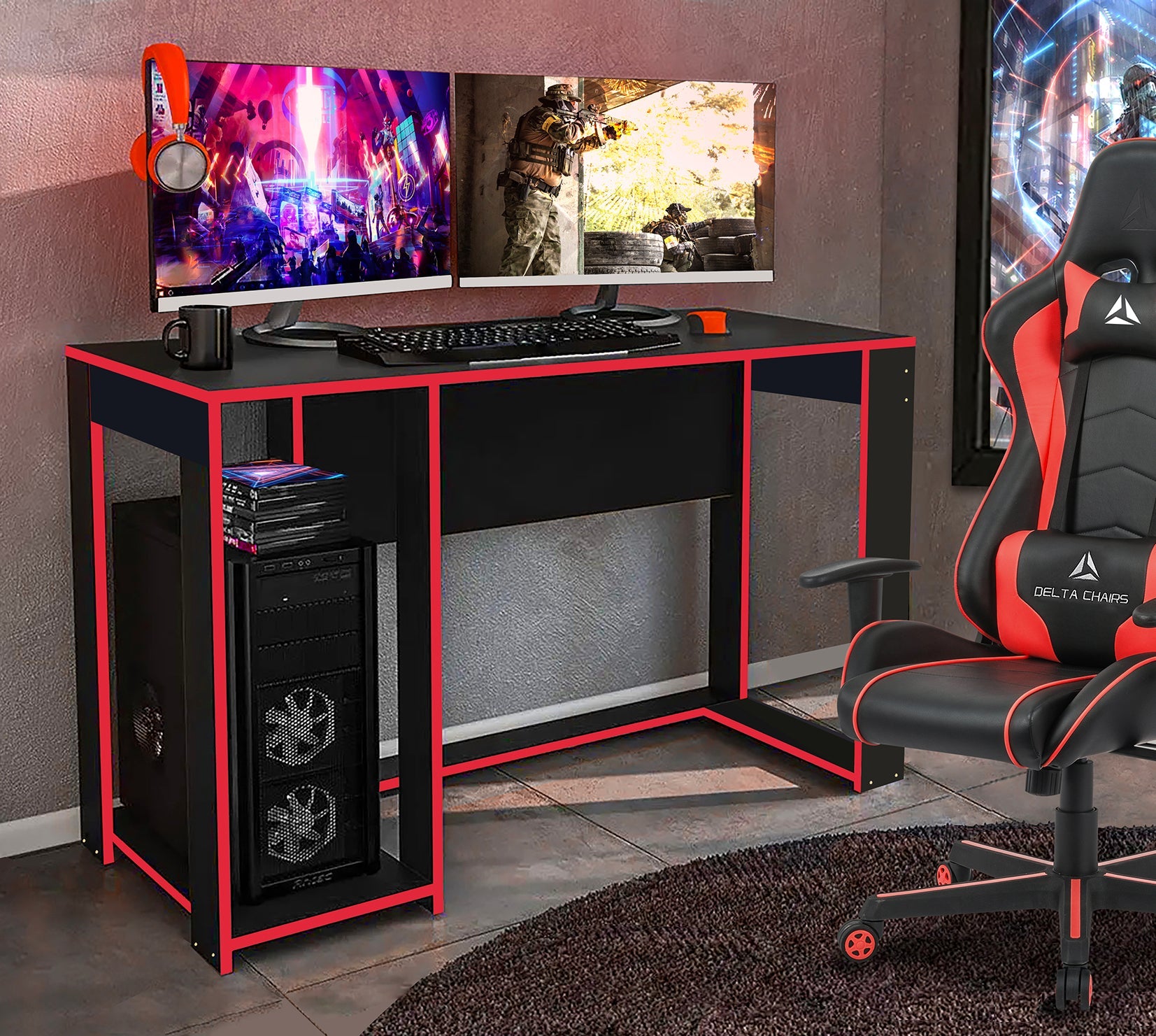 Ryker Gaming Desk Table, Black With Red Trim