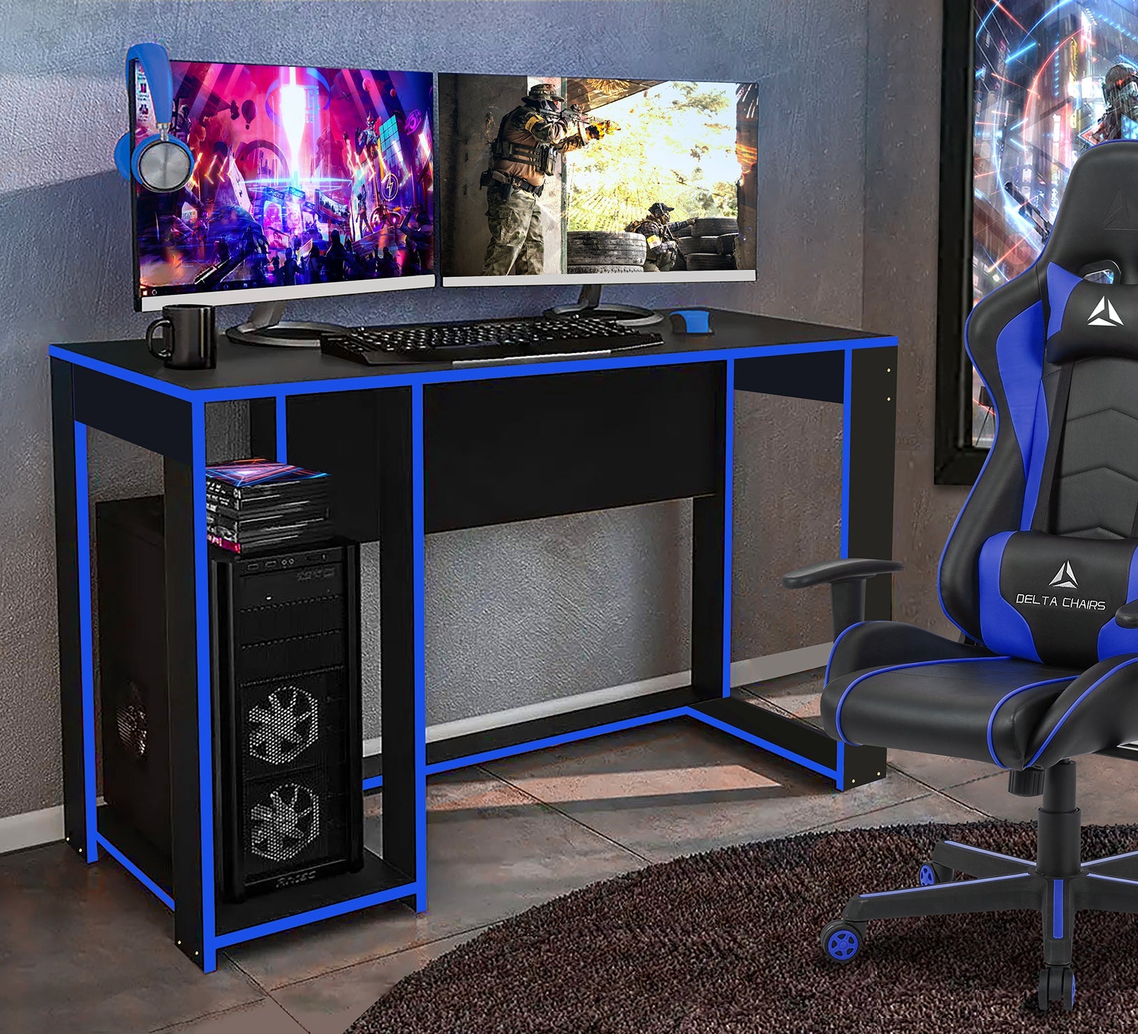 Ryker Gaming Desk Table, Black With Blue Trim