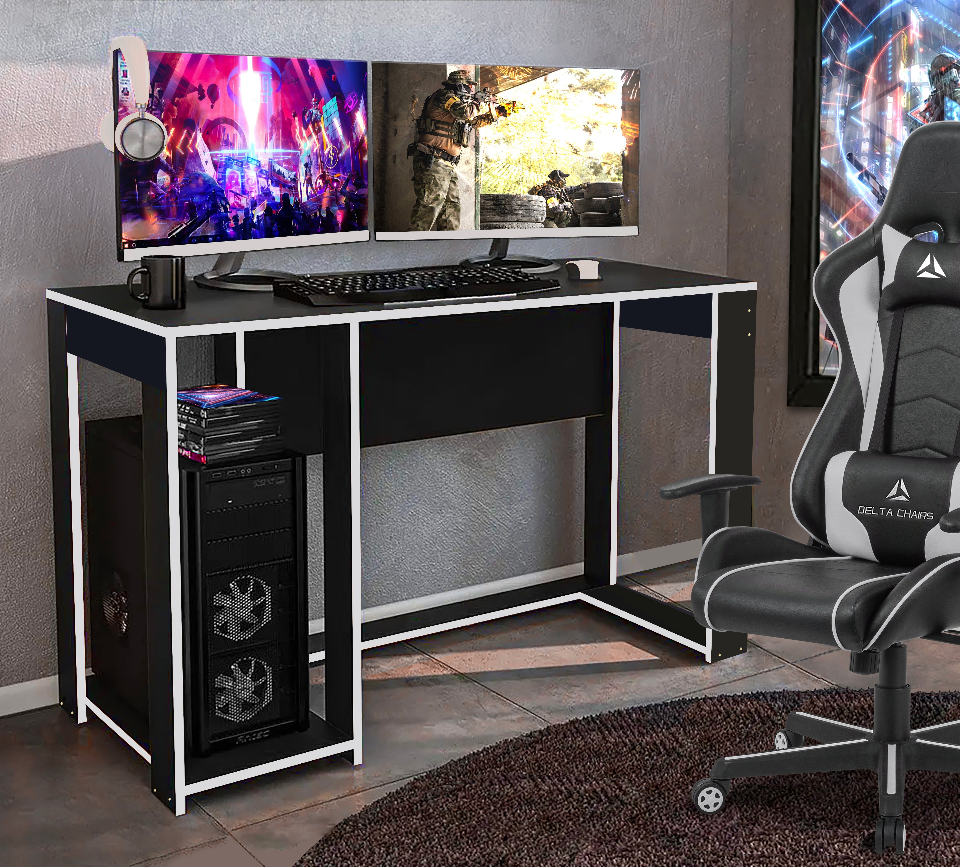 Ryker Gaming Desk Table, Black With Grey Trim