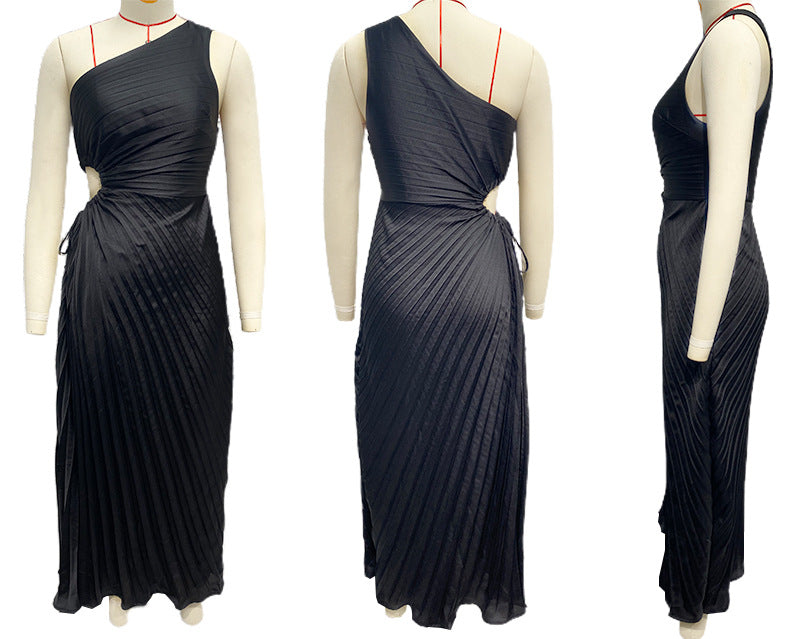 (183) Summer new French style one-shoulder oblique collar pleated hollow dress