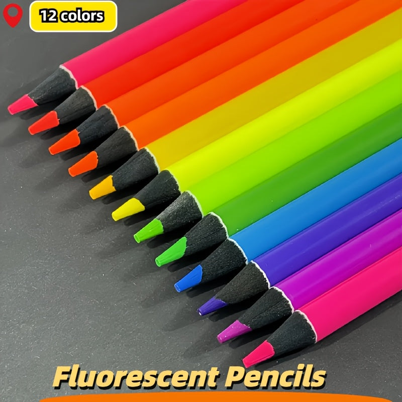 TEMU 12-pack Neon Colored Pencils Suitable For Adult Coloring Books, Fluorescent Professional Drawing Pencil Set For Beginners And Artists, Soft Lead