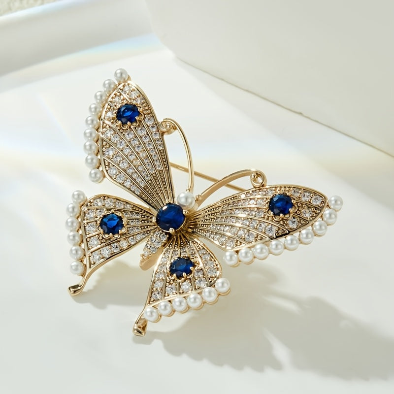 TEMU Elegant Brooch With Blue & Rhinestones, Pearls - Golden-tone Alloy, Cheongsam Dresses & Formal Events, Versatile Pin For Casual Attire Or