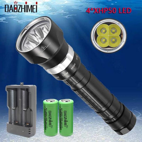 Super Bright 6000LM 4*XHP50 LED Diving Flashlight IPX8 Waterproof 3 Mode 26650 Submarine Dive Torch hunting light Z250211