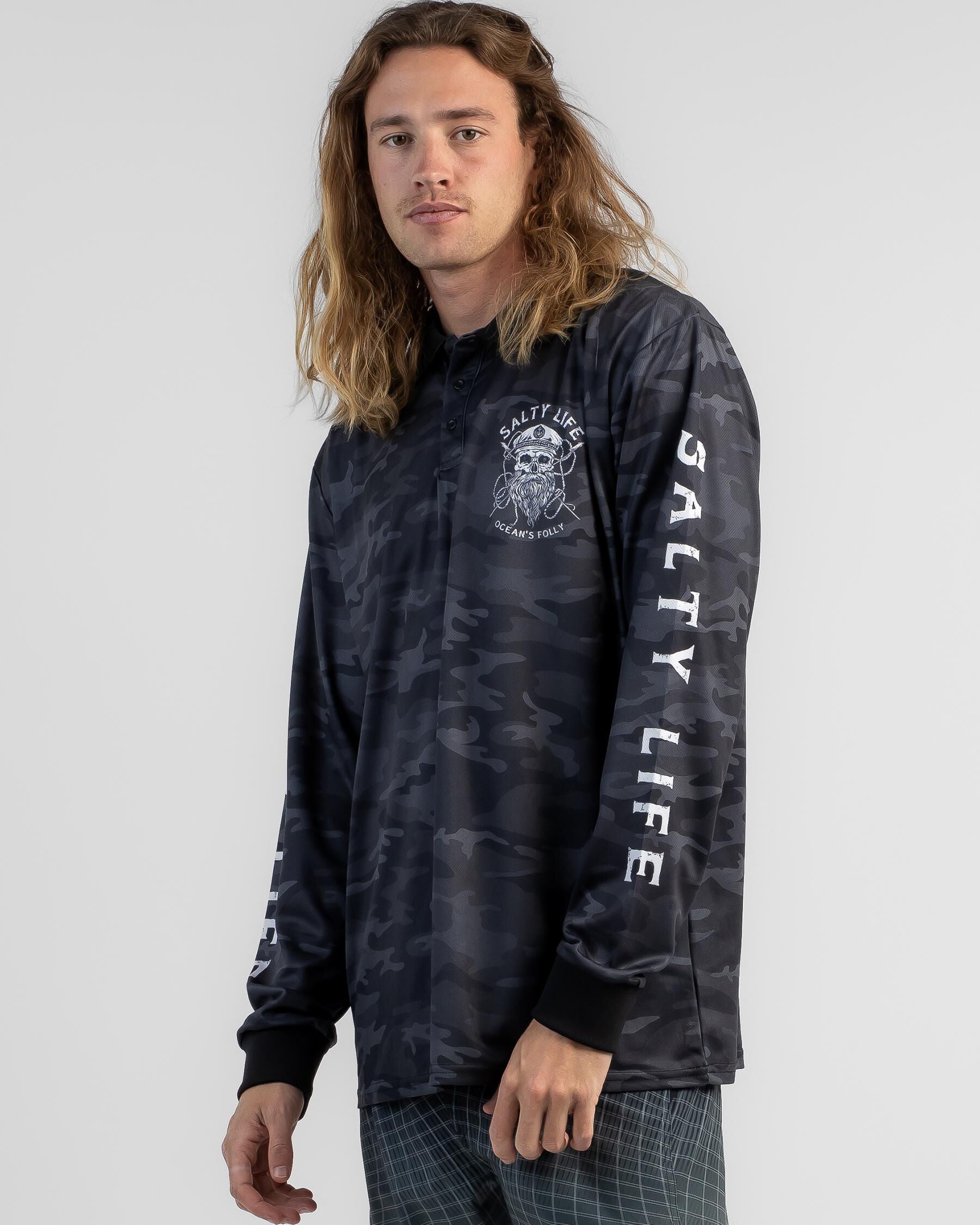 Salty Life Men's Black Beard 3.0 Fishing Shirt in Camo