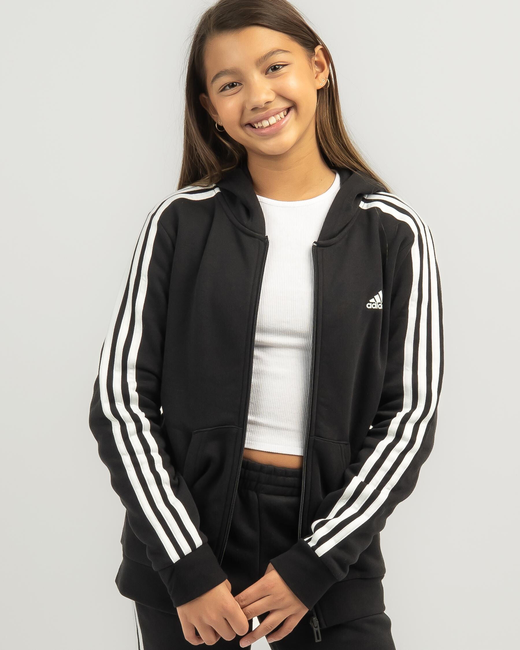 Adidas Girls' Essentials 3 Stripe Zip Hoodie in Black