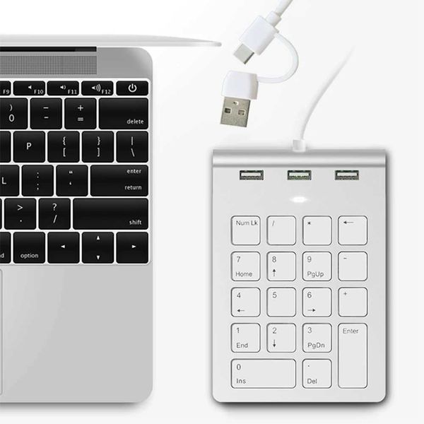 USB Type C Wired Digital Keyboard with 3 USB2.0 Port Hub 18 Keys Accounting Number Pad External Keypad for Laptop Desktop PCC250114