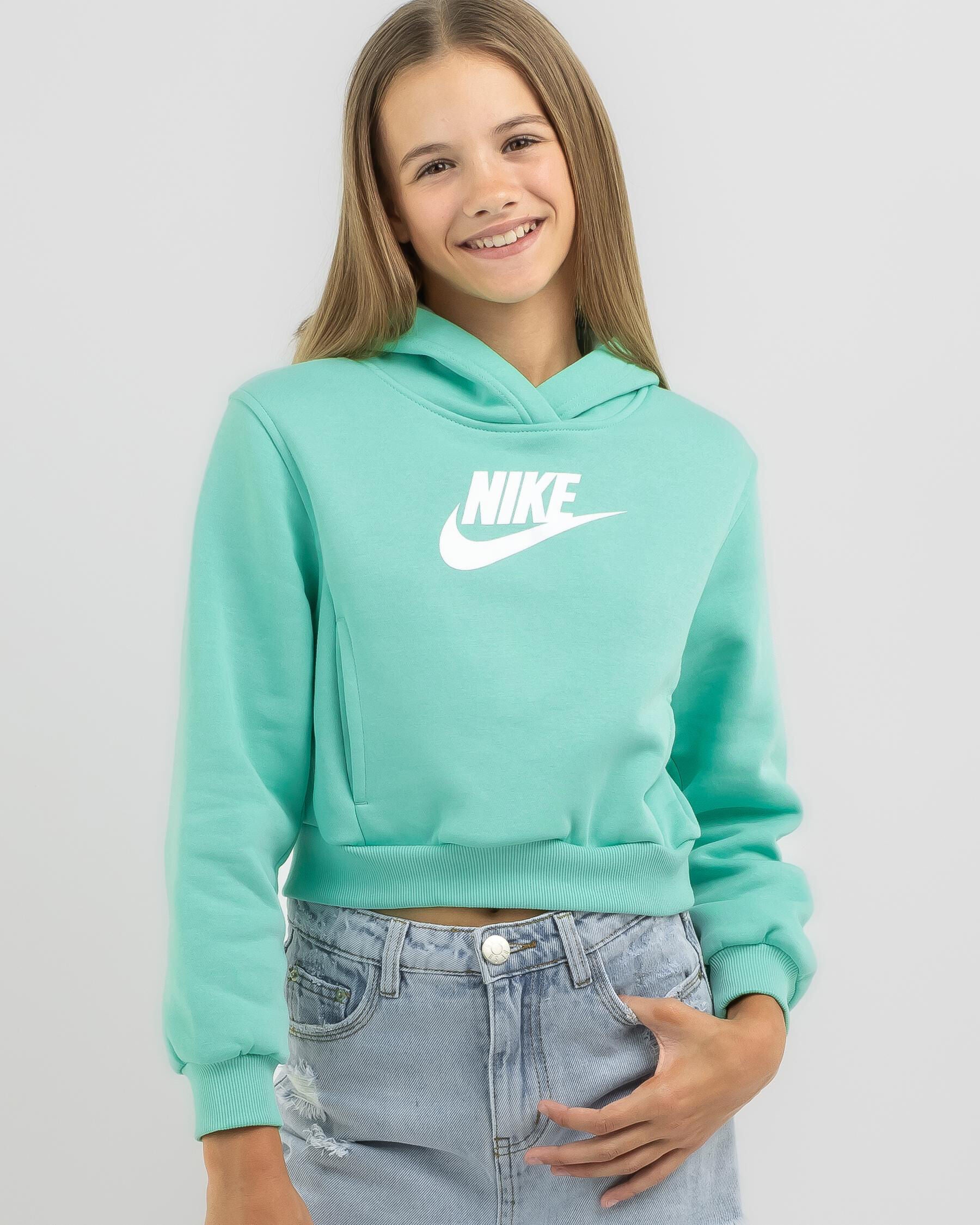 Nike Girls' Club Fleece Crop Hoodie in Green