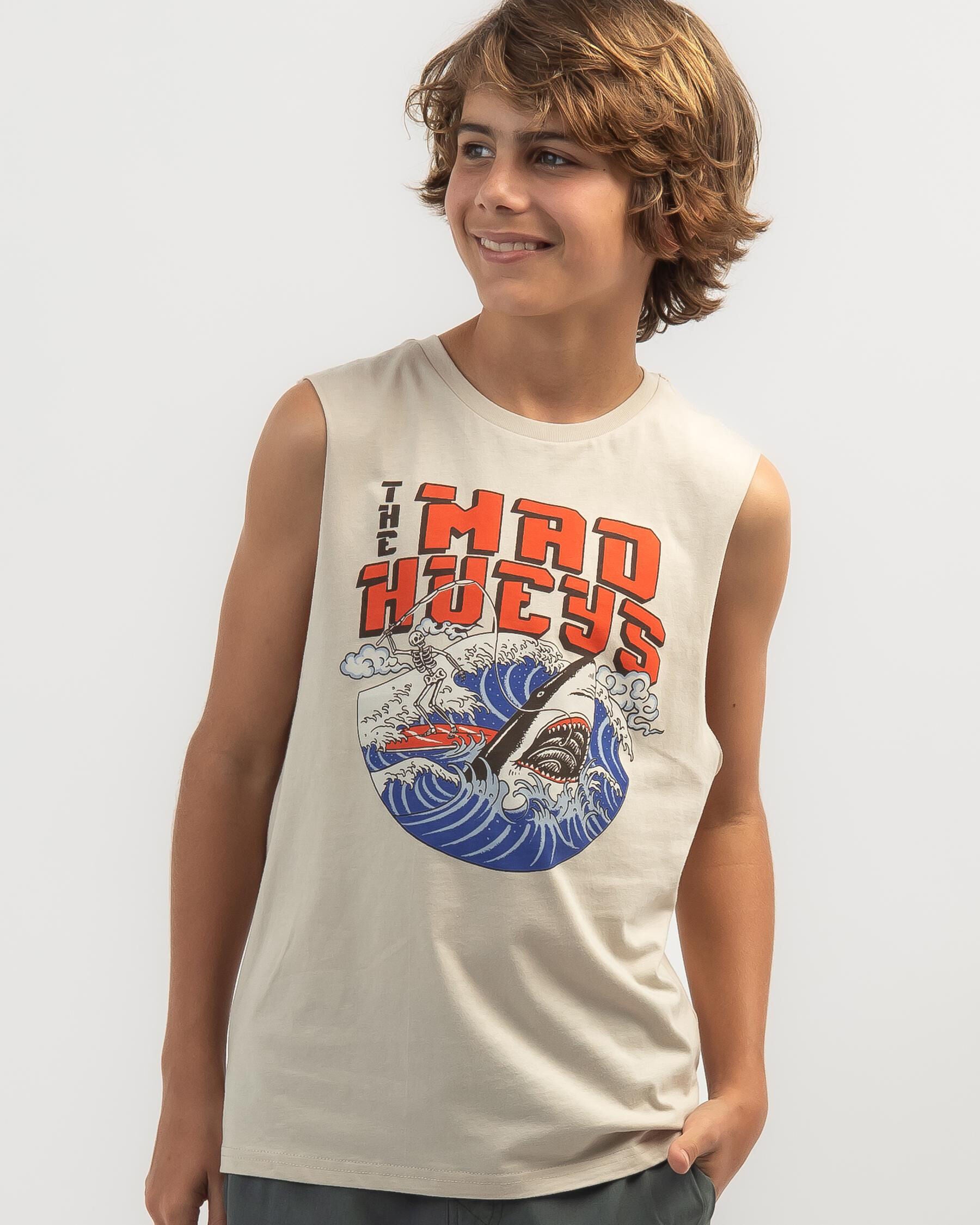 The Mad Hueys Boys' Surfer Shark Muscle Tank Top in Grey