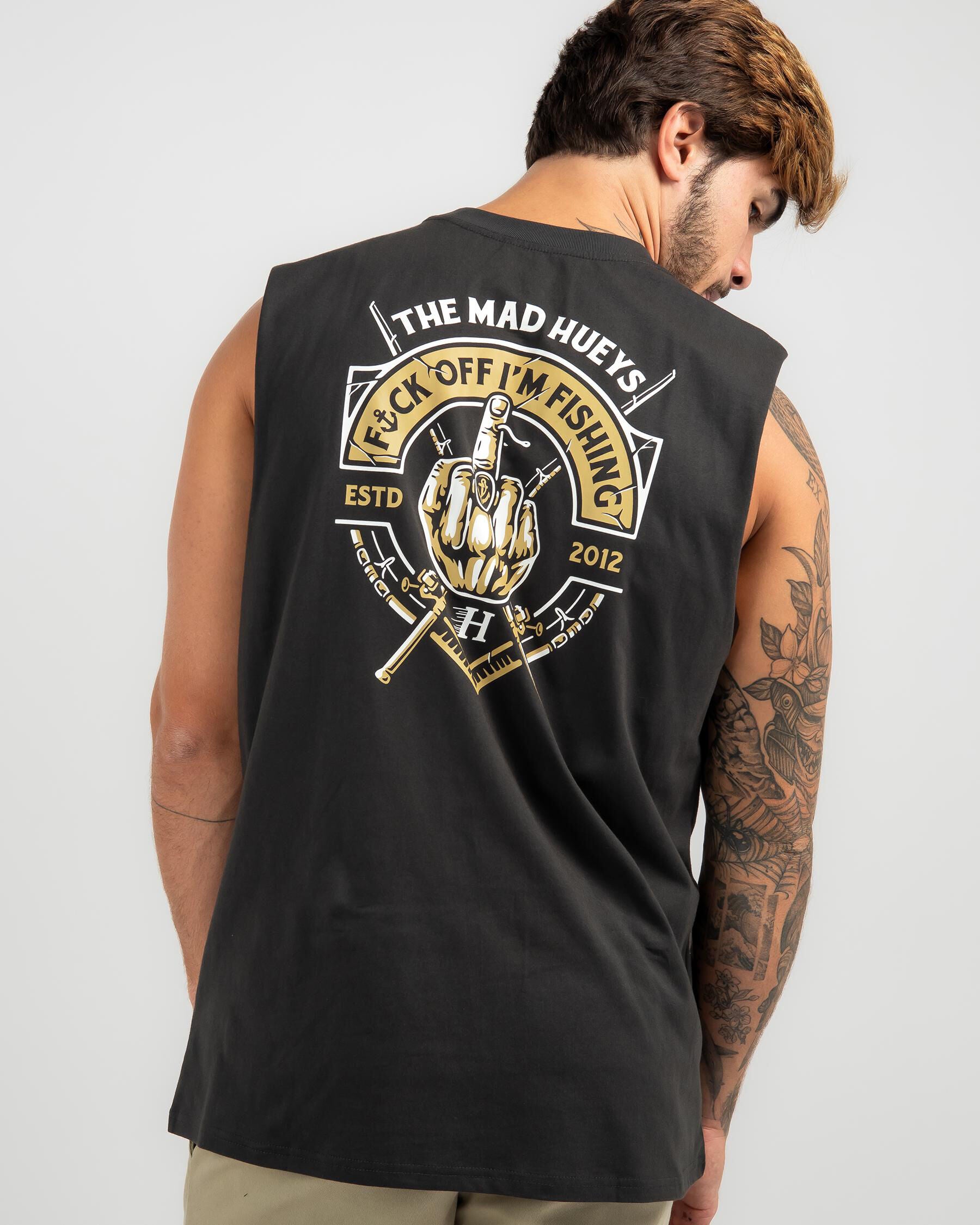 The Mad Hueys Men's Fk Off I'm Fishing Muscle Tank Top in Black