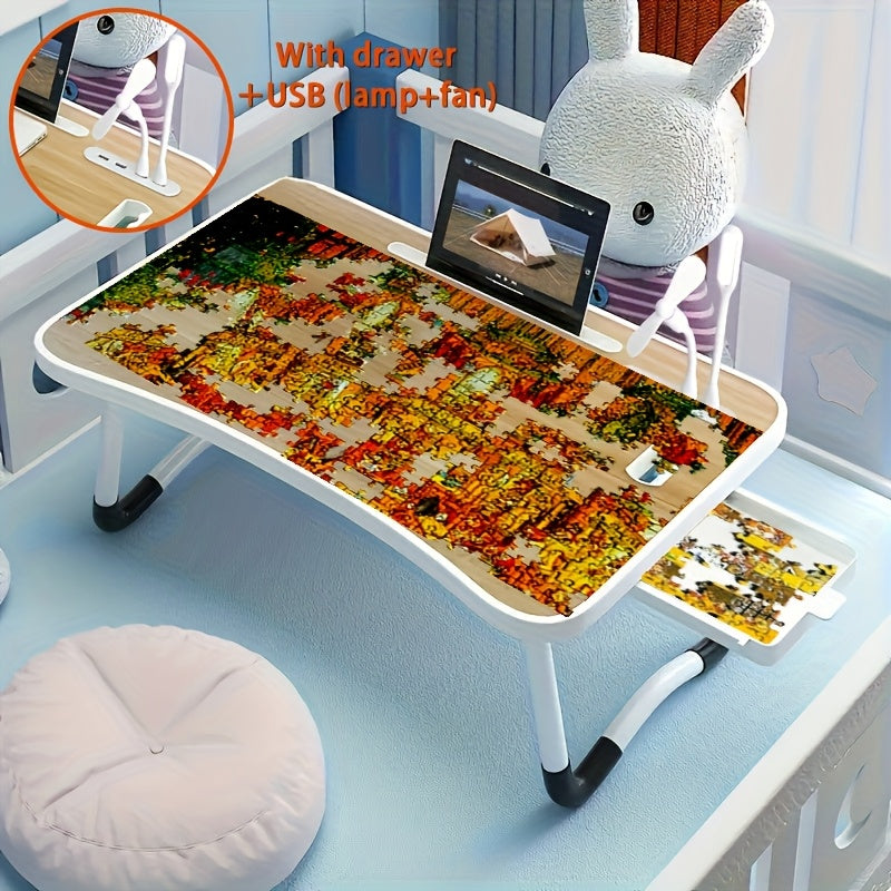 TEMU Foldable Puzzle Table With Drawer, Cup Holder & Usb Fan-light - Portable Lightweight Gaming Desk With Stable White Legs, Recycled Wood Top -