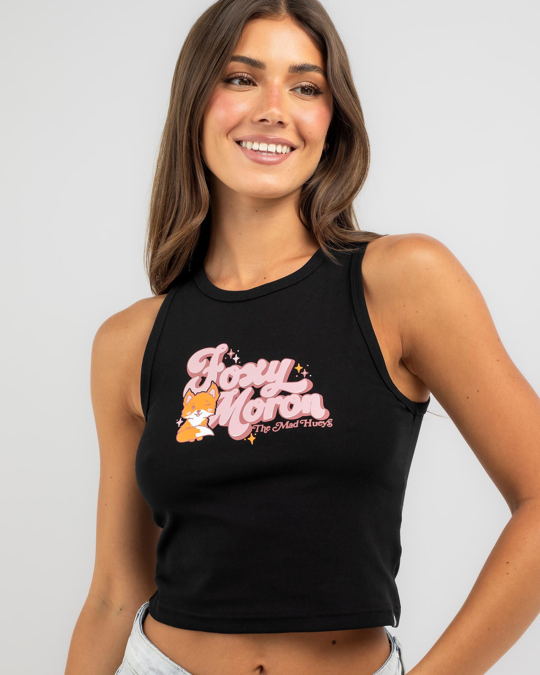 The Mad Hueys Women's Foxy Moron Crop Tank Top in Black