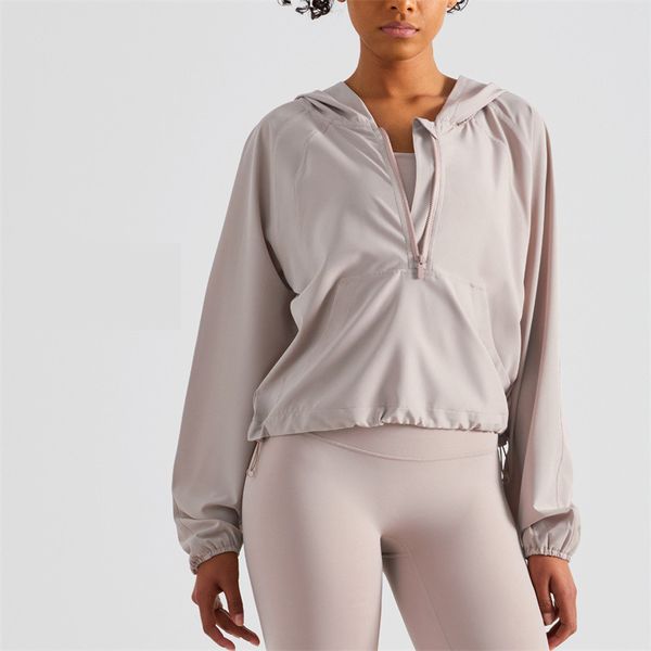 2025--Summer New Yoga Outfit Hooded Sunscreen Slip Zipper Loose Fitness Clothing Adjustable Cap Rope Sports Top Women Jogging Outfit