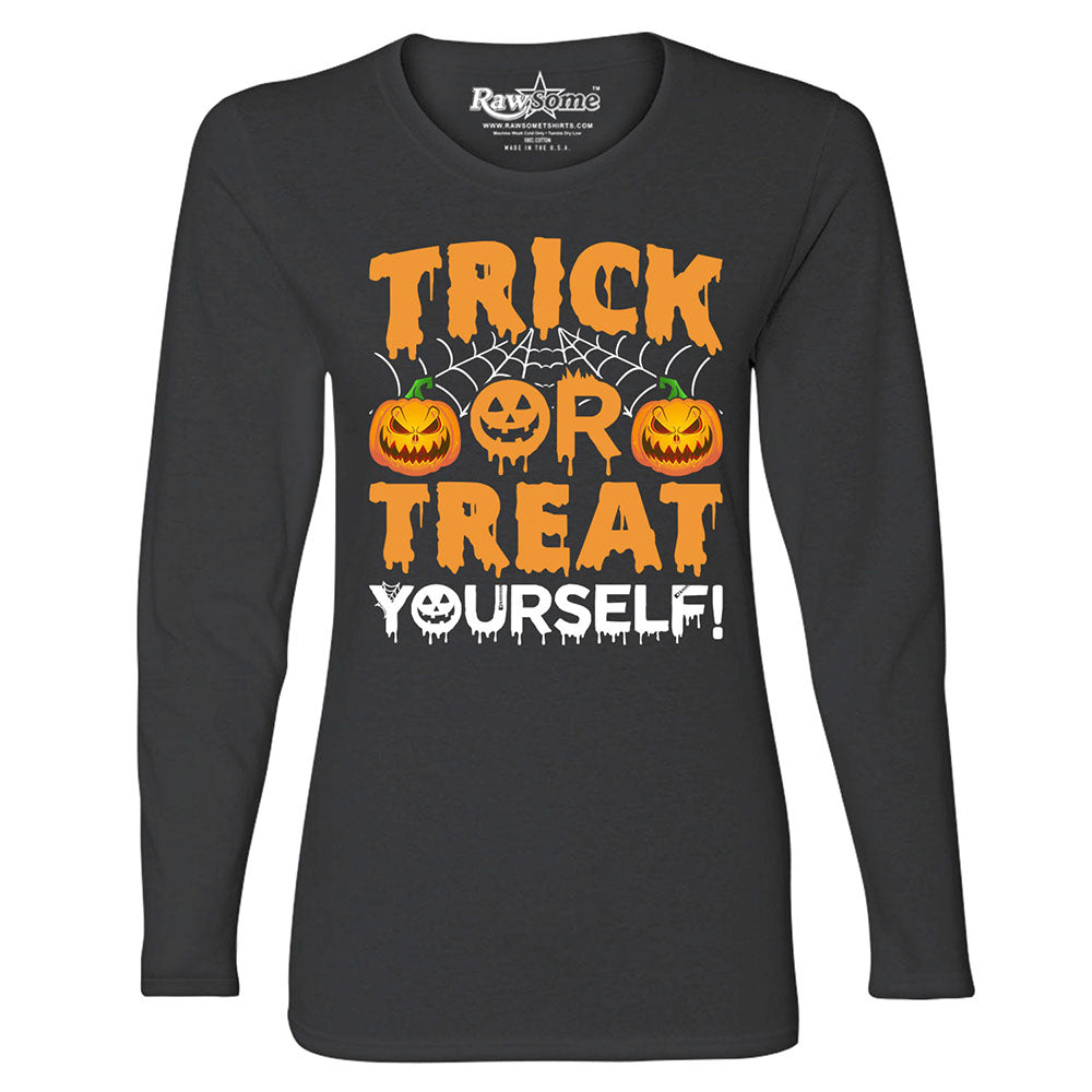 Women's Creepy Scary Halloween Long Sleeve Shirt - Trick or Treat Yourself - Black - XL