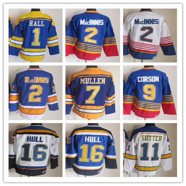 Men Al MacInnis Vintage Hockey Jerseys Brett Hull Glenn Hall Joe Mullen Shayne Corson Brian Sutter Stitched Retro Uniforms Blue White