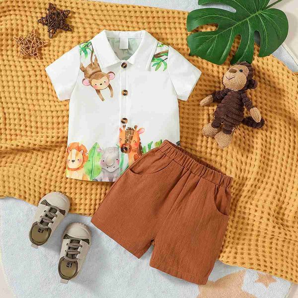 Kids Baby Boys Summer Turn-down Collar Printing Monkey T-shirt And Shorts Set With PocketCL240720