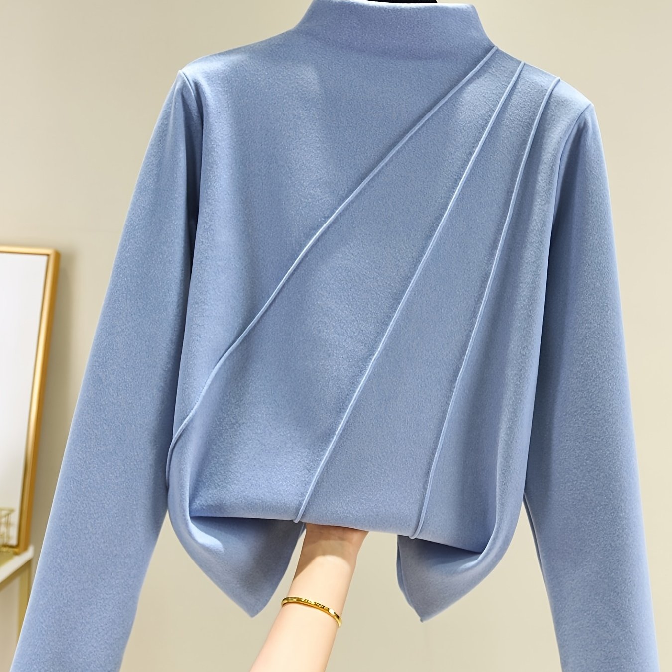 TEMU New Autumn And Winter Double-sided Velvet Undershirt Women's Half-high Collar Fishbone Pattern Outerwear Personality Top