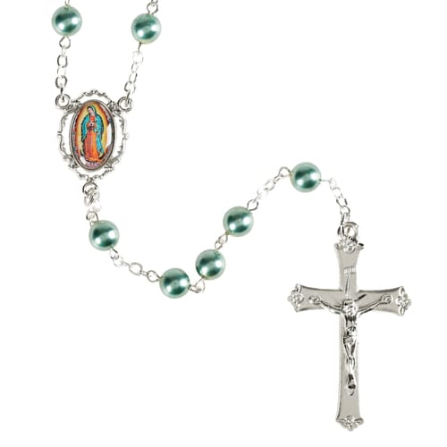 Our Lady of Guadalupe Teal Pearl Rosary with Decal