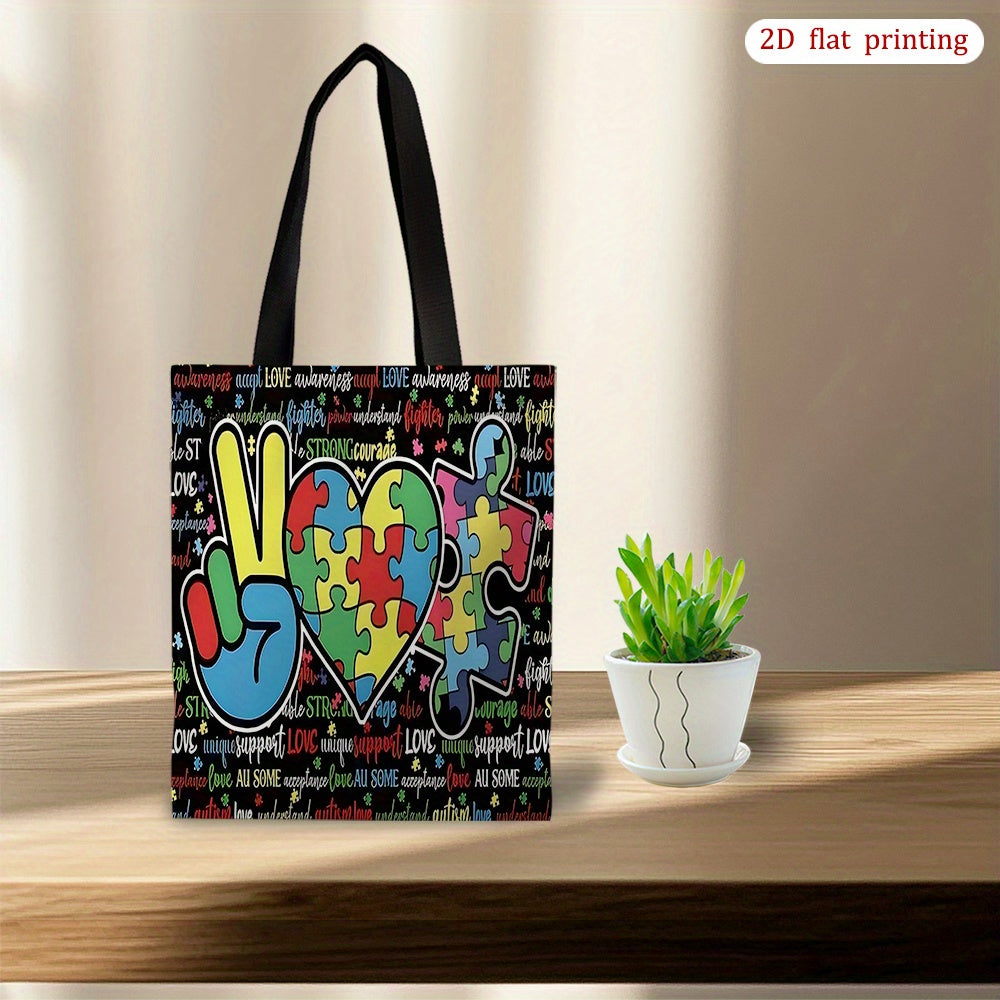 TEMU 1pc Autism Awareness Tote Bag - Large Capacity Shoulder Bag With "autism Awareness" Design, Colorful Puzzle Pieces & Heart Illustration,