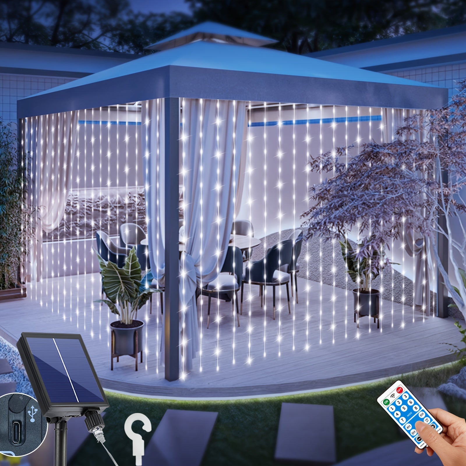 TEMU Solar Curtain Lights Outdoor Waterproof 300 Led Waterfall Fairy String Lights With 8 Remote Type C Charging Dimmable Timer For Christmas Gazebo