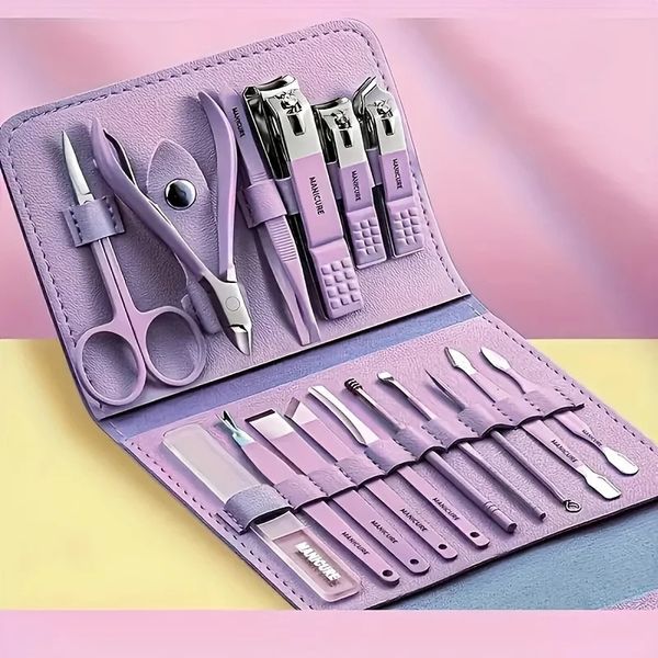 Premium Nail Care Kit - Classic Style with Purple Travel Case Stainless Steel Tools for Salon-Perfect Grooming - Includes Clipp 241225
