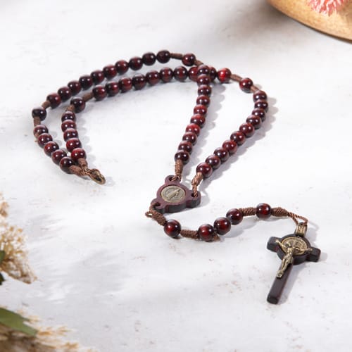 St. Benedict Walnut Finish Wood Rosary