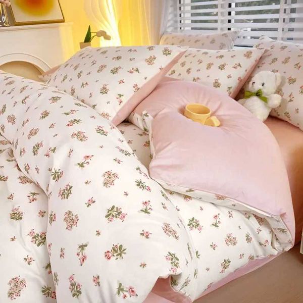 Korean Bedding Set Flowers PinK Blue Girls Boys Full Queen Size Duvet Cover Flat Sheet Pillowcase No Filler Home Bed LinensC241021