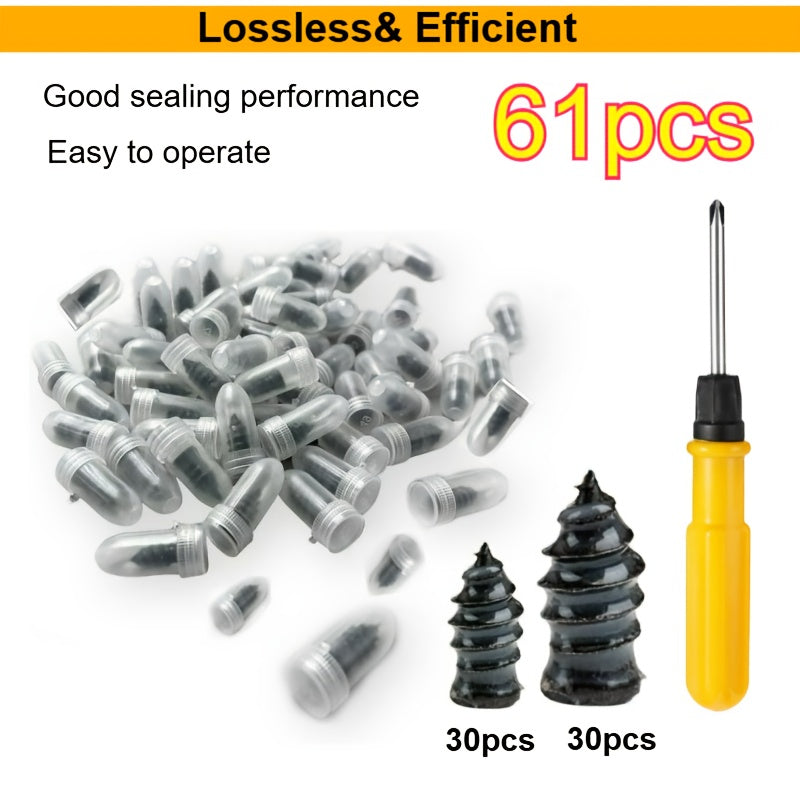 TEMU 61pcs Quick Tire Repair Kit With Vacuum Rubber Plugs & Screwdriver - Fit For Cars, Motorcycles, Trucks & Bikes