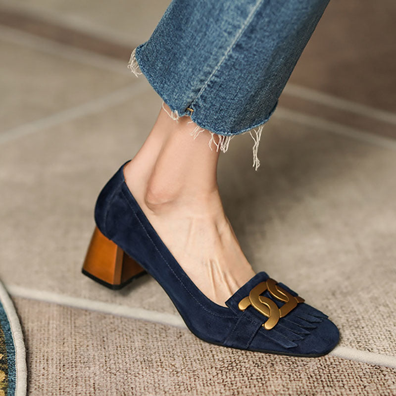 New Women&#039;s Faux Suede Fringed Pumps Metal Mid Heels Boat Free shipping Wood Grain Heel Slip on Dress Shoes Office Zapatos Mujer 1190N