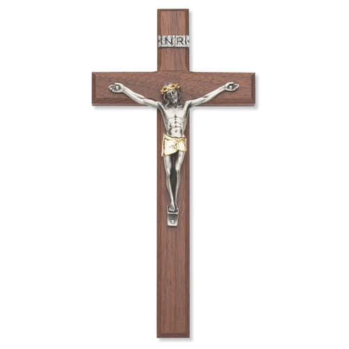 Walnut Crucifix with Two-Tone Corpus - 10 inches